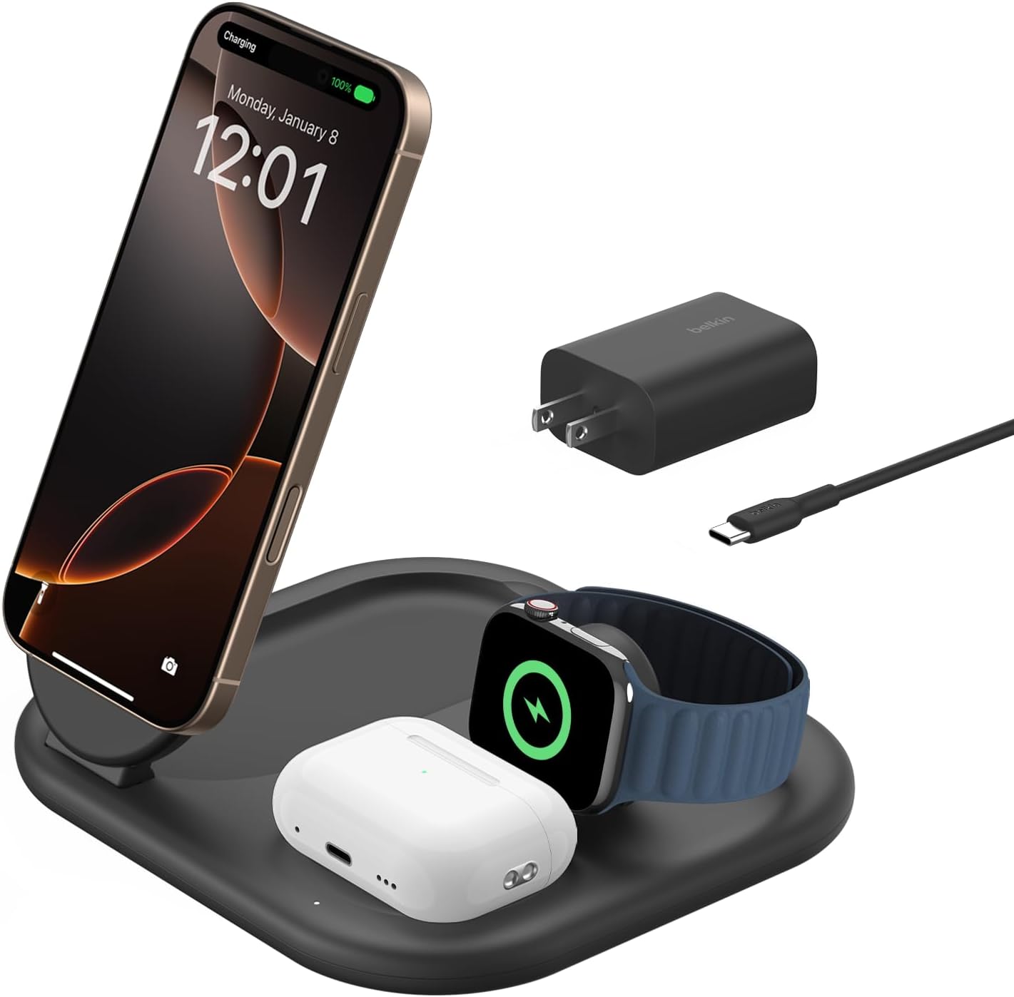 Phone16 Belkin 3-in-1 MagSafe-Compatible iPhone Charger 15W, Foldable Magnetic Qi2-Certified Wireless Charging Station for iPhone 16, Apple Watch Series 10, AirPods 4, and More, w/Non-Slip Base & PSU - Black - Image 1