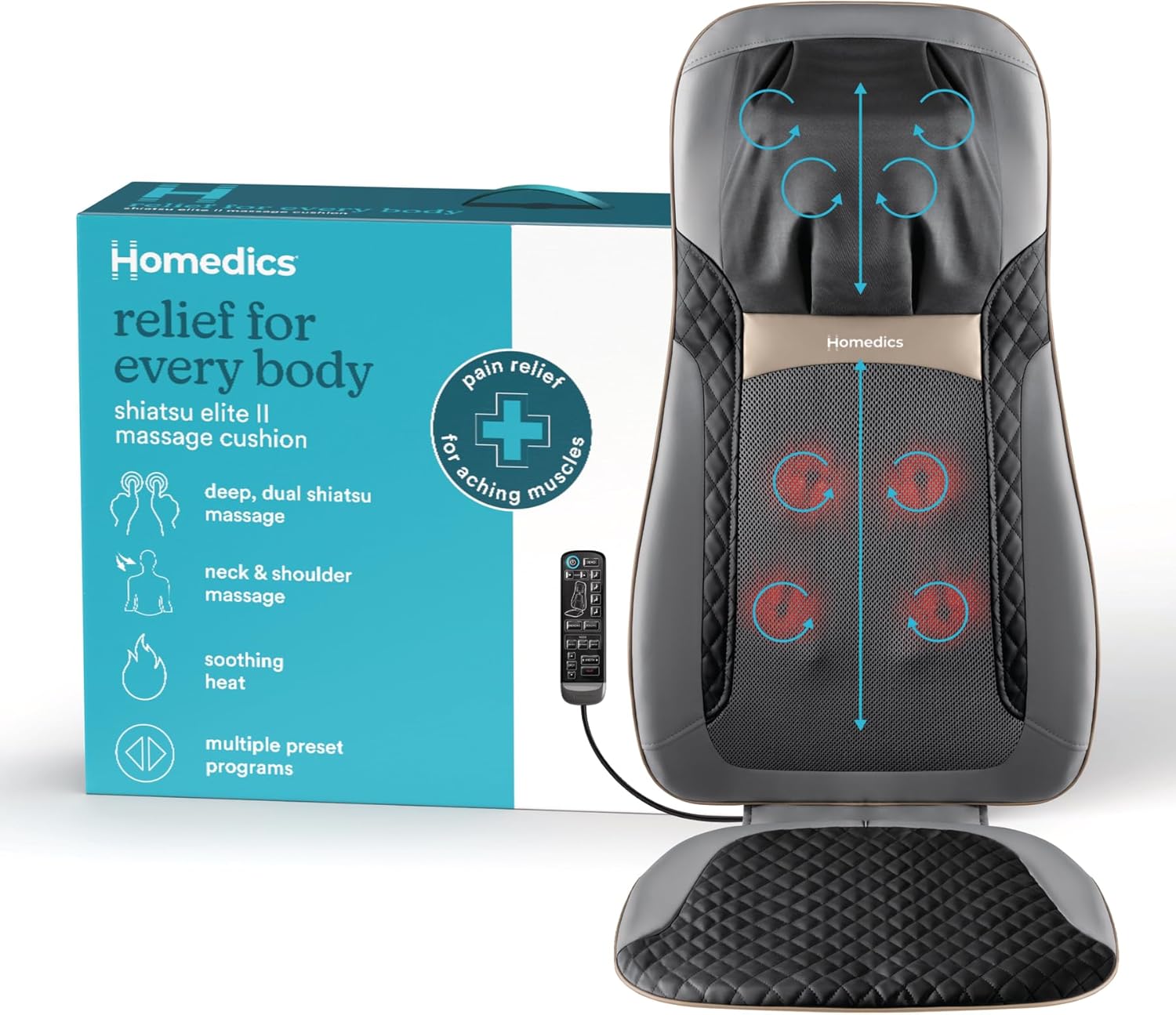 fitness32 Homedics Back Massager with Heat, Shiatsu Elite II Heated Neck and Back Massage Cushion. 3 Different Massage Styles and 3 Massage Zones. Comes with Controller and Chair Straps - Image 1