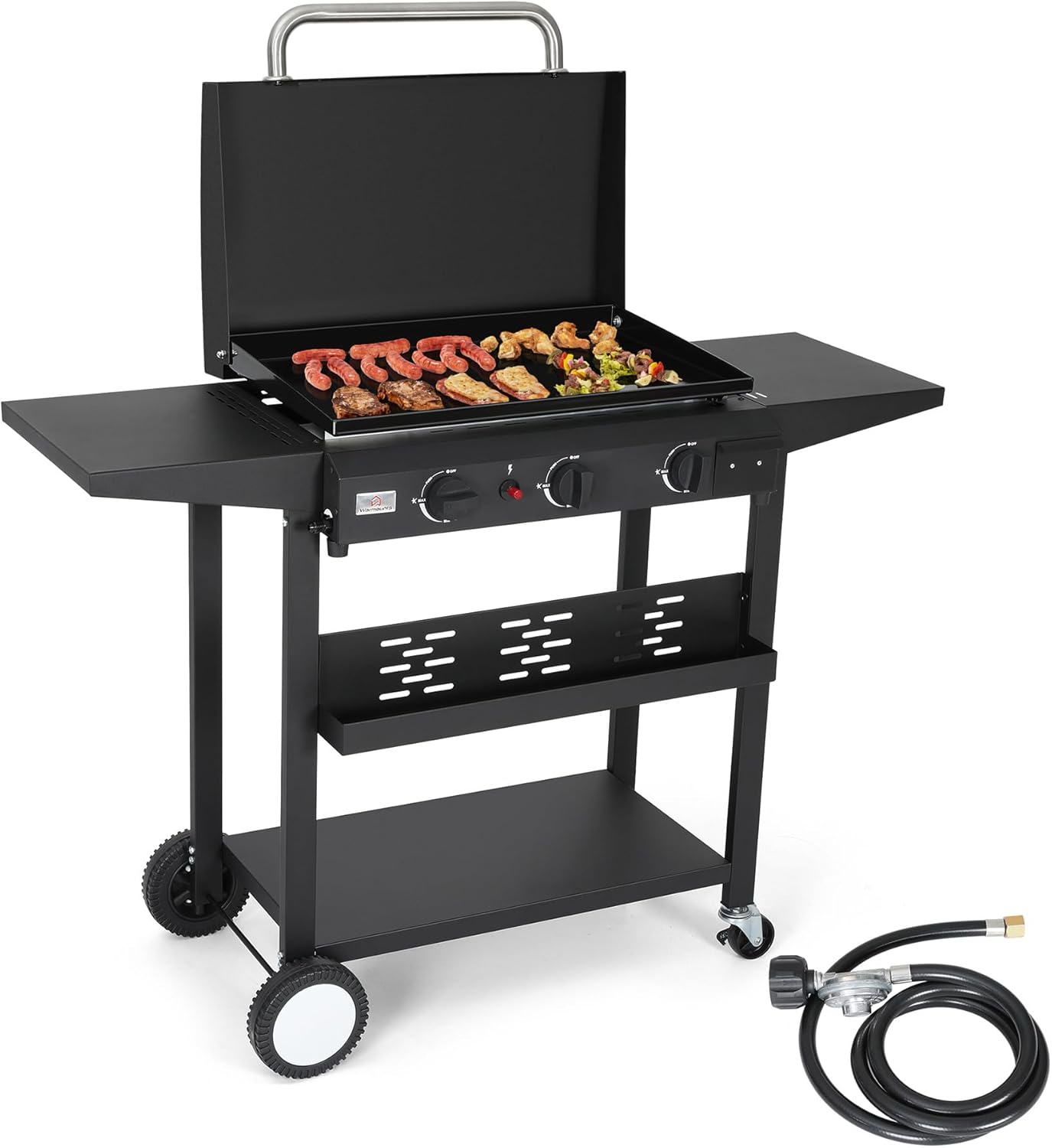 kithcen24 2-in-1 Propane Griddle, Portable Flat Top Grill with Lid, 3 Burner Stainless Steel Outdoor Griddle 24,600 BTU gas grills with Wheels&Side Shelves For Kitchen, Outdoor BBQ, Camping - Image 1