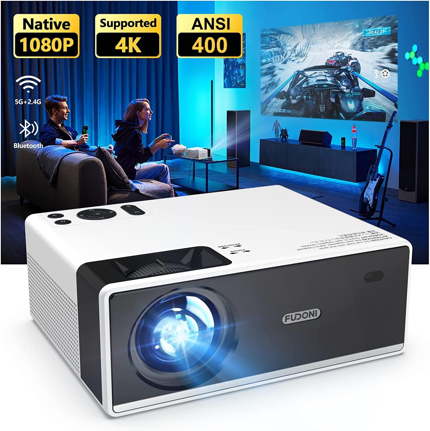 comp22 FUDONI Projector with WiFi and Bluetooth, Outdoor Portable 4K Support Projector