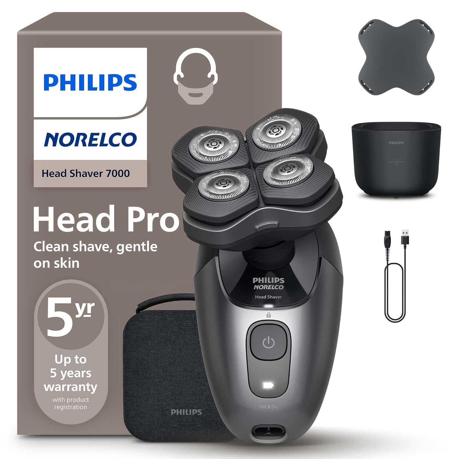 Philips Norelco Head Shaver Pro 7000 Philips Norelco Head Shaver Pro 7000 Series electric head shaver with 360-degree flexing head and Comfort Cut blades for smooth, gentle shaving
