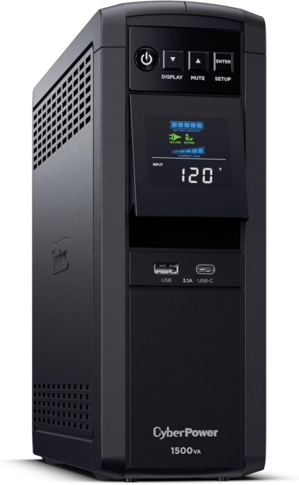 CyberPower CP1500PFCLCD UPS 1500VA 1000W pure sinewave battery backup with LCD display and 12 outlets