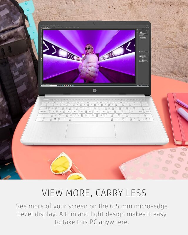 HP 14 laptop 14-dq0040nr Snowflake White Intel Celeron N4020 4GB RAM 64GB storage 14-inch HD Windows 11 thin and portable budget student laptop