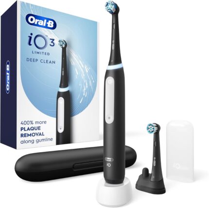 Oral B iO3 rechargeable electric toothbrush with pressure sensor and travel case black deep clean toothbrush