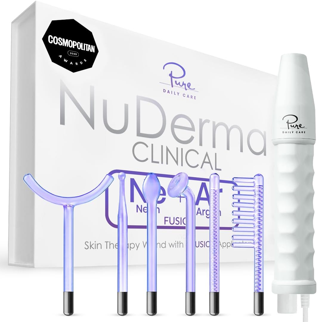 Pure Daily Care NuDerma Clinical Skin Therapy Wand with 6 Neon & Argon Electrodes Pure Daily Care NuDerma Clinical portable skin therapy wand with neon and argon electrodes for anti-aging and acne treatment