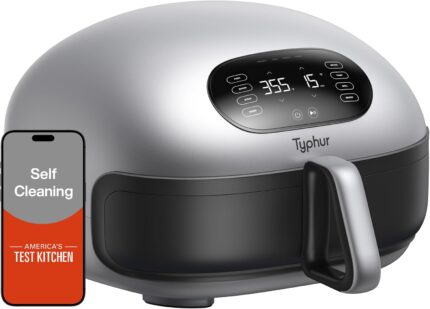 Typhur Dome 2 AI smart air fryer with flat ceramic basket cooking pizza and steak